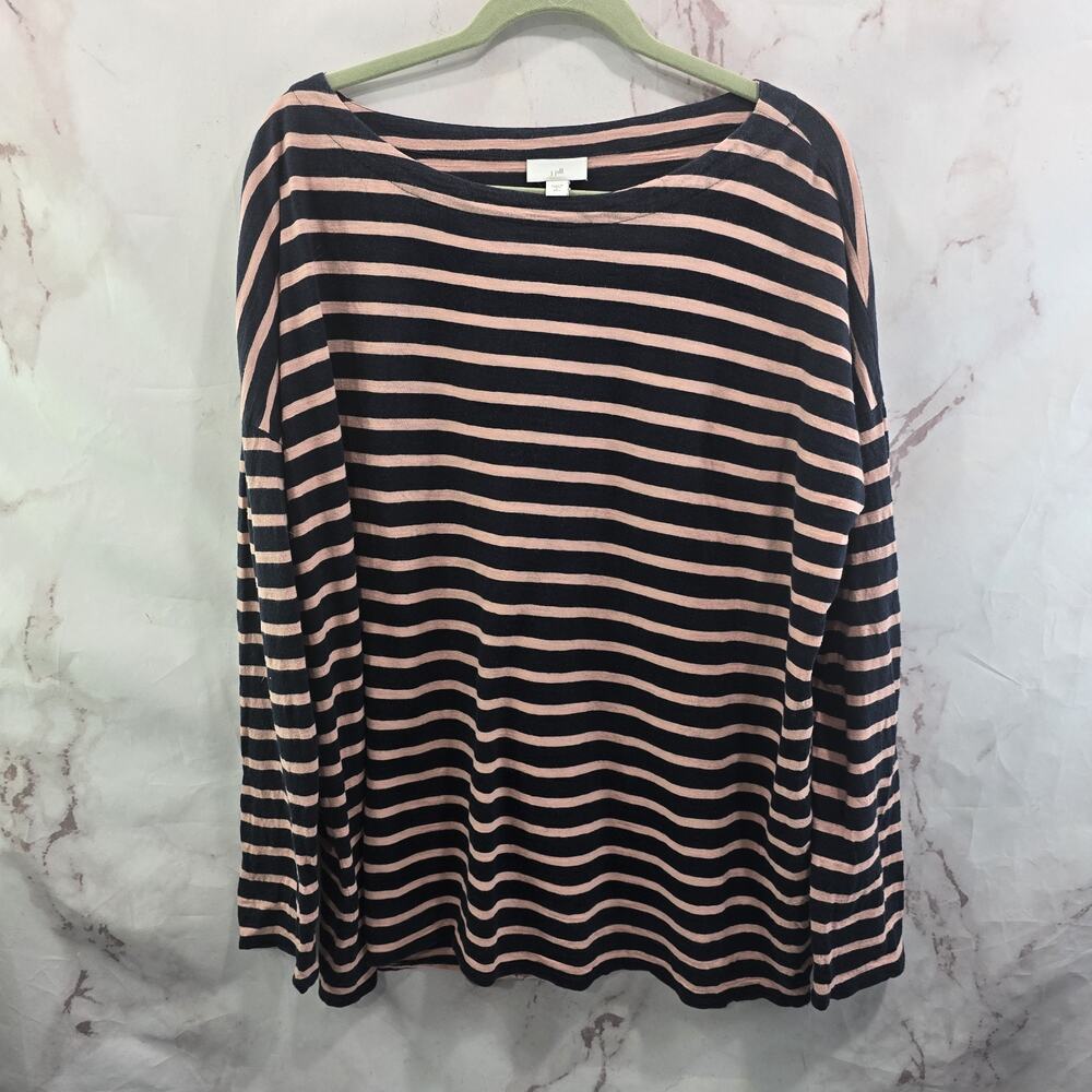J Jill Shirt Womens Large Tall Blue Pink Striped Long Sleeve Boat Neck Tee Navy